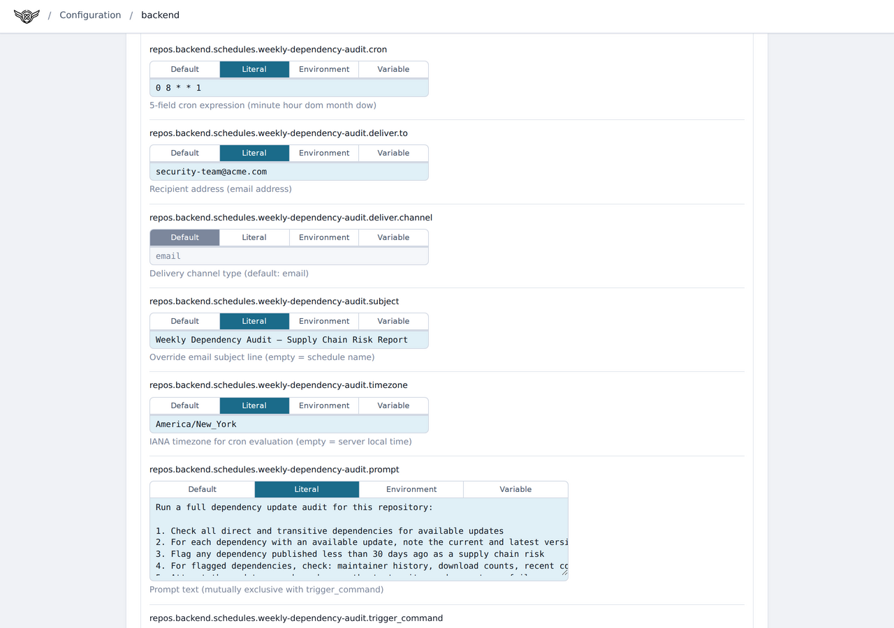 Airut's configuration editor showing a scheduled task definition with fields for cron expression, delivery address and channel, email subject, timezone, and prompt.